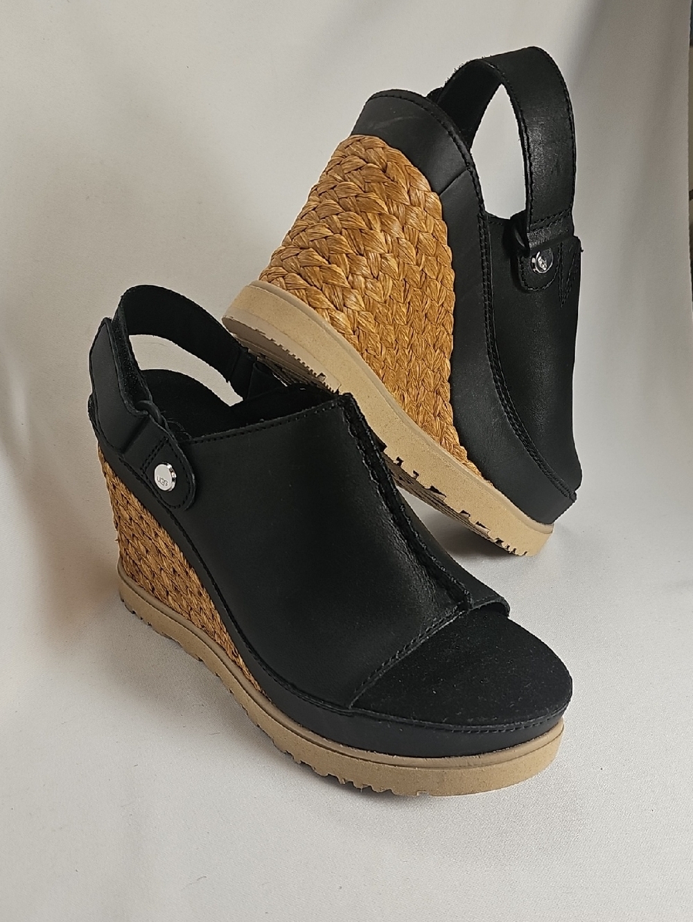 UGG Black and Tan Woven Wedge Slingback Sandals - Women Size 9